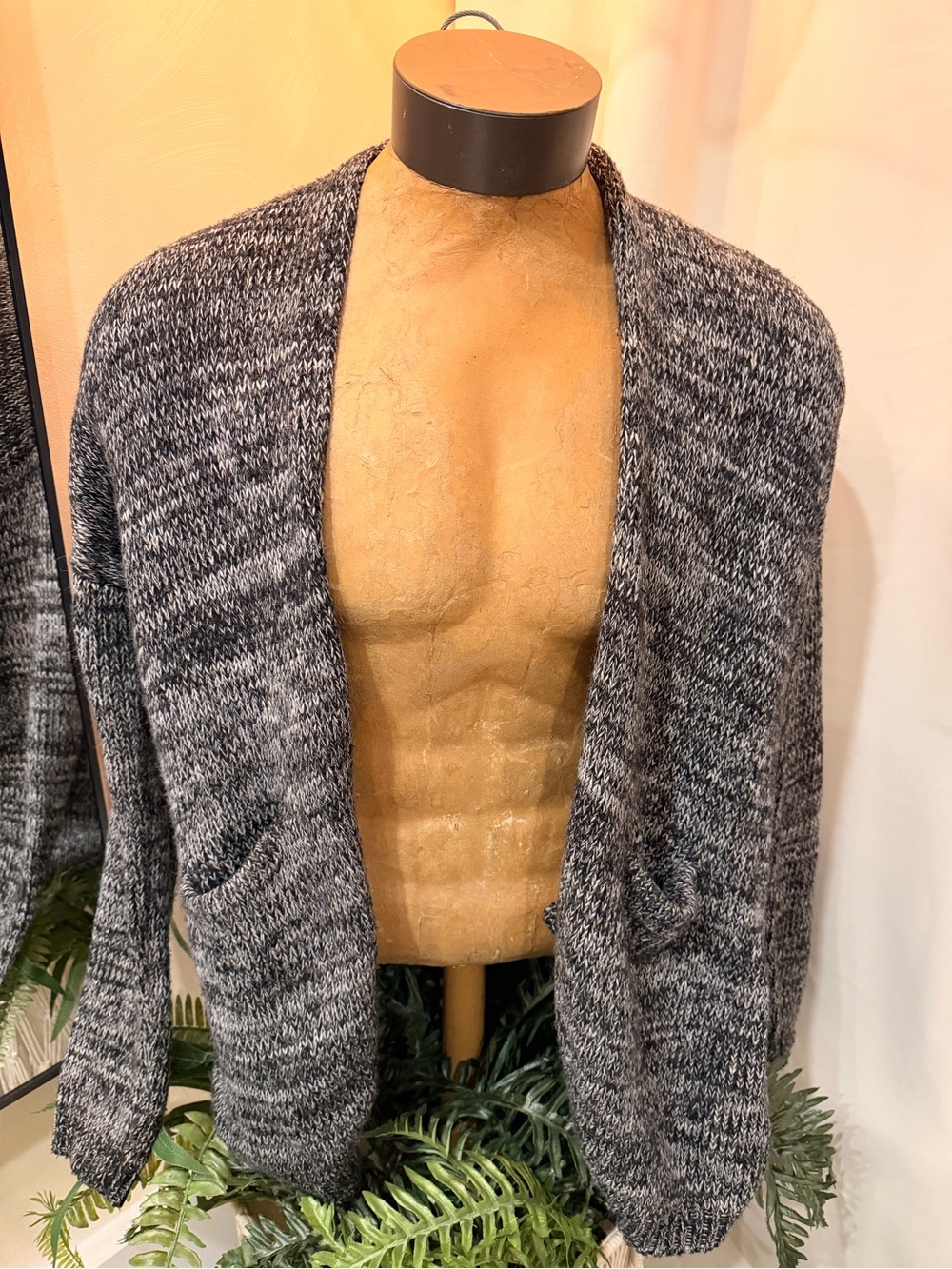Men's Shawl-Collar Marled Gray Open-Front Cardigan